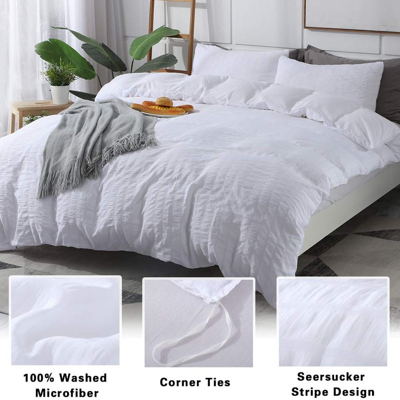 AveLom White Duvet Cover King (104 x 90 inches), 3 Pieces (1 Duvet Cover + 2 Pillow Cases), Seersucker Textured Ultra Soft Washed Microfiber, Textured Duvet Cover with Zipper Closure, Corner Ties - Image 2